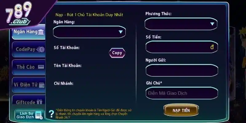 Hướng dẫn nạp tiền vào tài khoản 789CLUB trực tuyến